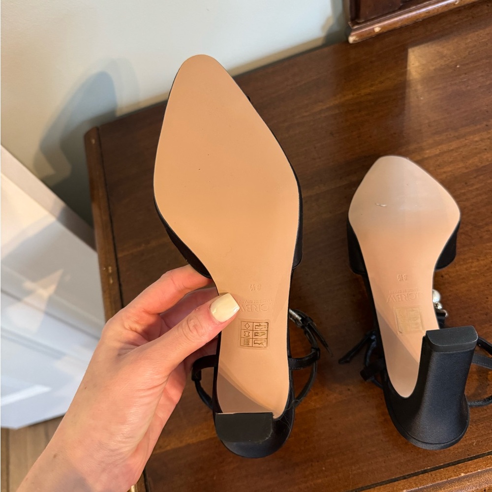 J. Crew Black Satin Pumps with Pearl T-Strap - Picture 7 of 8